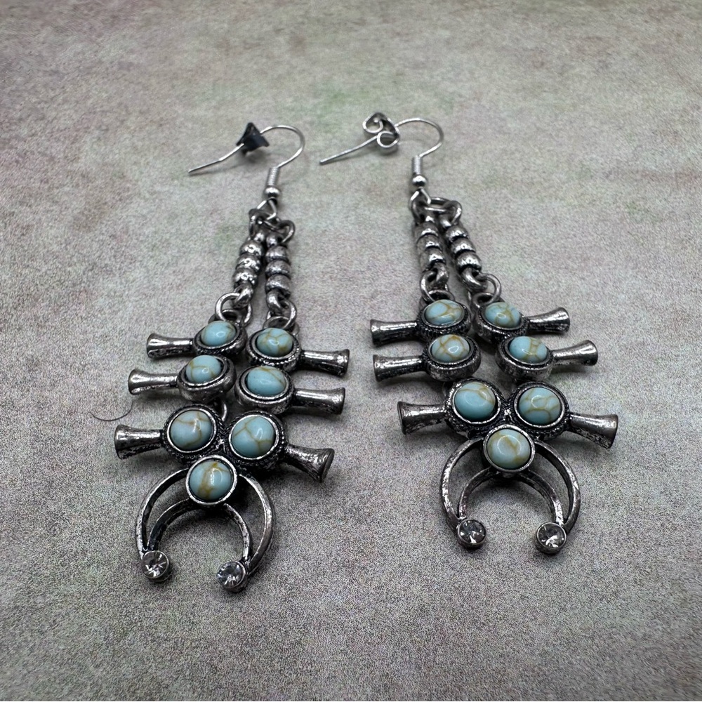 Turquoise Stone Navajo-Style Dangle Earrings - Silver Tone